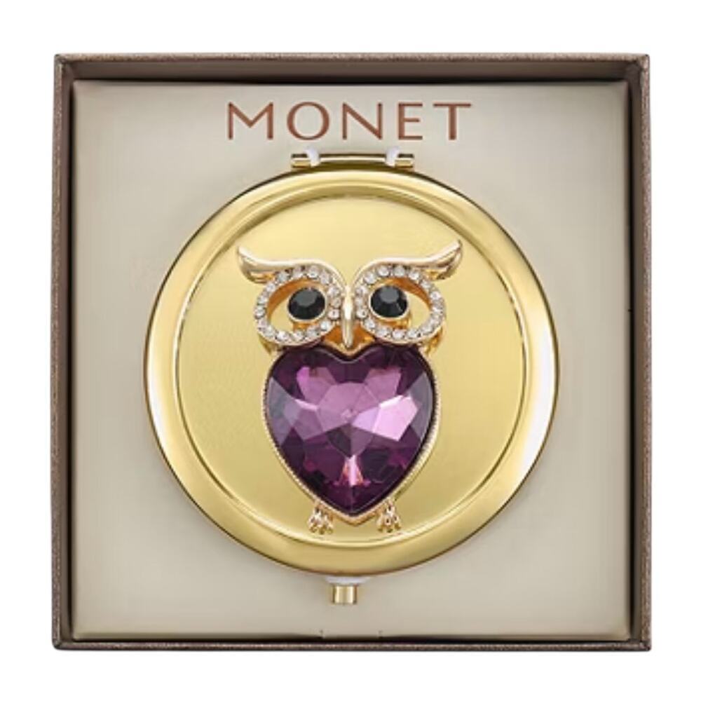MONET Owl Compact Mirror Gold Tone Rhinestone Purple Crystal Figural New in Box - Picture 3 of 8